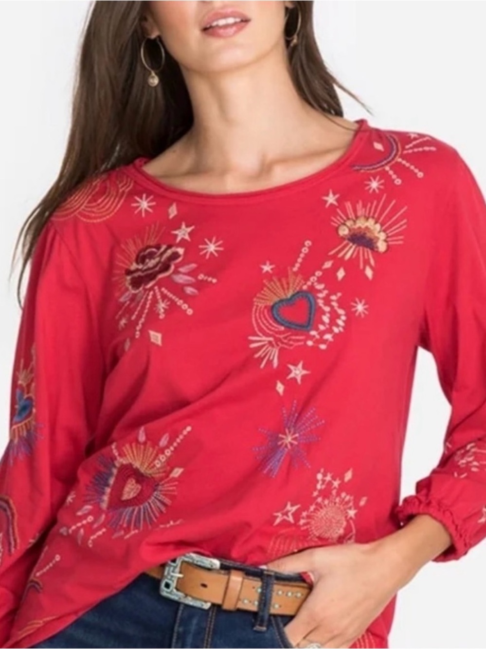 Johnny Was Victoria Red Embroidered Long-Sleeve Tee